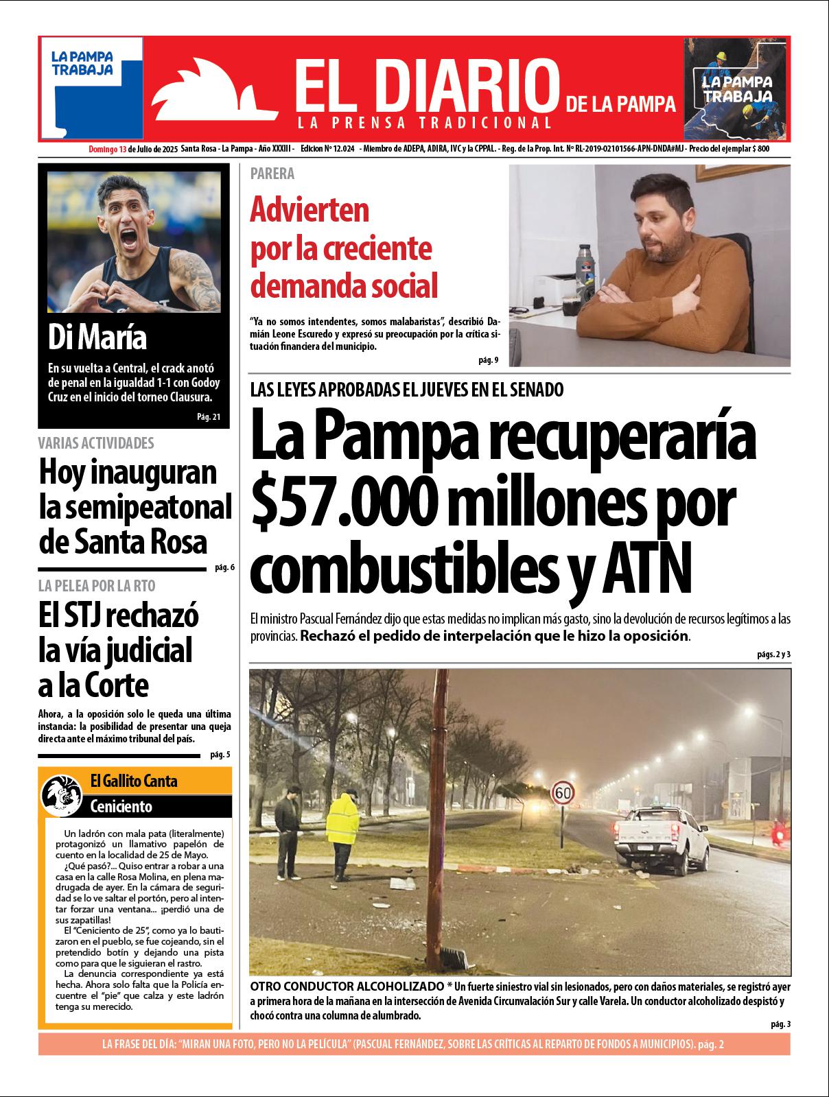 Tapa de El Diario en papel  domingo 13 de julio de 2025